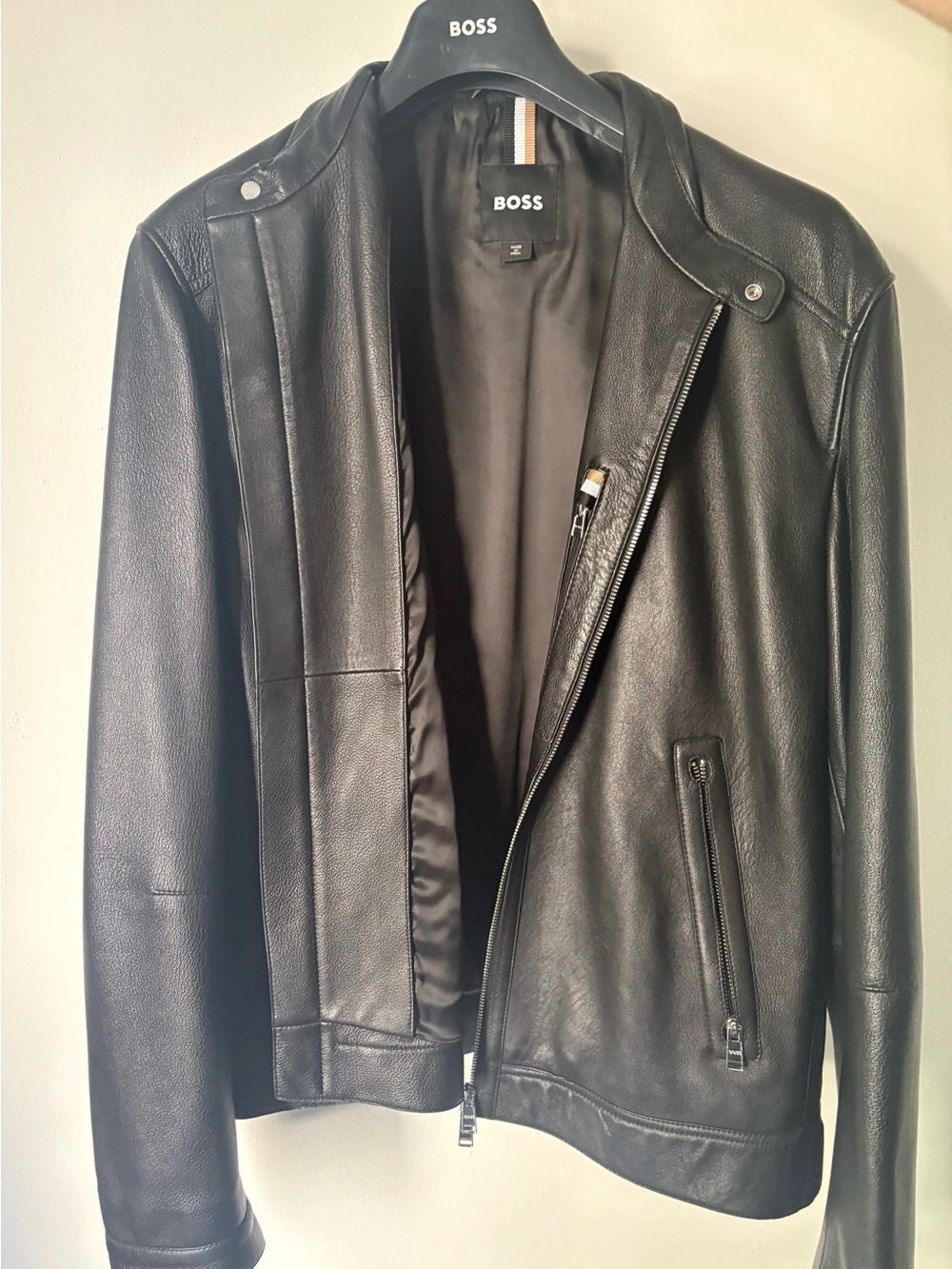 BOSS Black Leather Jacket with Zip Pockets